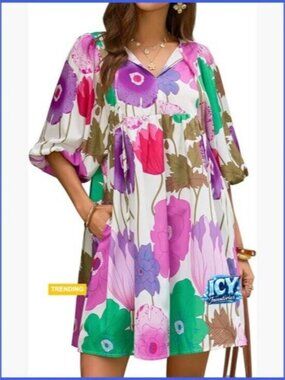 Floral Mini Babydoll Dress with Puff Sleeves and Pockets